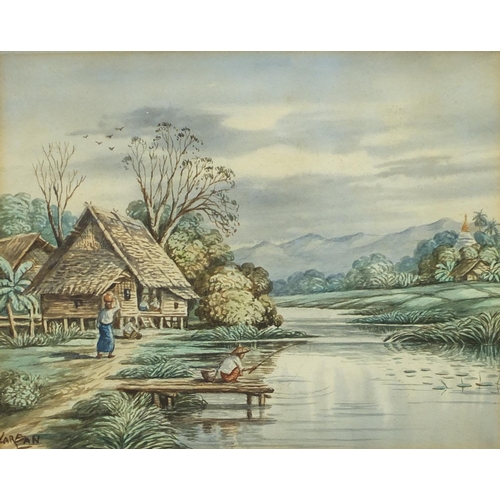 175 - Balinese figures and fishermen beside lakes, pair of watercolours, mounted and framed, 25cm x 20cm