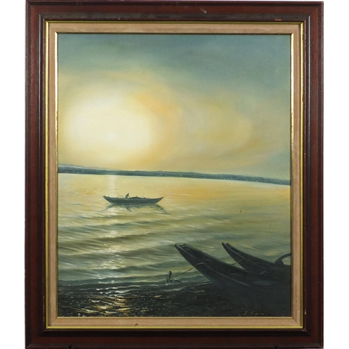 124 - L Keplon - Fishing boat on a lake, oil on canvas, framed, 60cm x 50cm