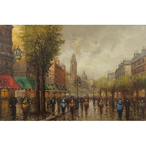 145 - Parisian street scene, oil on canvas, framed, 90cm x 60cm