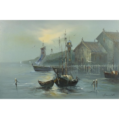 144 - Moored fishing boats, oil on canvas, bearing a signature possibly Hanswick, framed, 90cm x 59cm