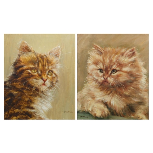 173 - I Ingram - Cat portraits, pair of oils on board, framed, 27cm x 22cm