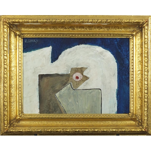 827 - Abstract composition, expressionist creature, oil on board, bearing a signature Gork, framed, 32cm x... 