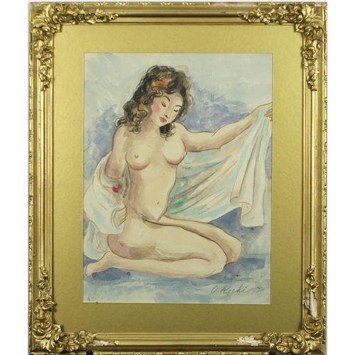 897 - Nude female drying herself, watercolour, bearing a signature O Roche, mounted and framed, 33cm x 25.... 