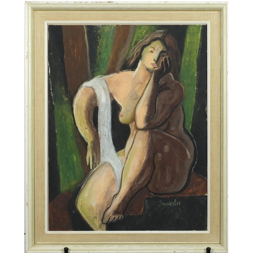 814 - Surreal nude female, gouache, bearing a signature Souverbie, mounted and framed, 43cm x 34cm