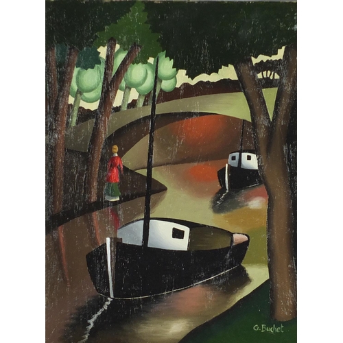 726 - Canal boats and a woman walking on a toe path, oil on path, bearing a signature G Buchet, framed, 35... 