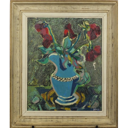 780 - Still life flowers in a vase, oil on canvas, bearing a signature Gonse and inscriptions verso, frame... 