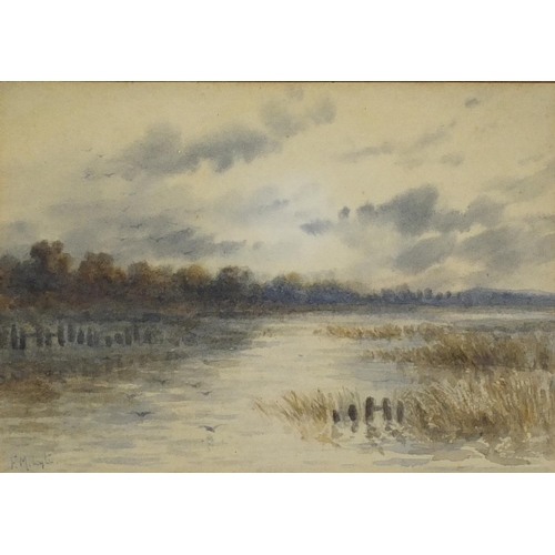 838 - Fanny Maxwell Lyte - Birds over a lake, watercolour, mounted and framed, 17cm x 12cm