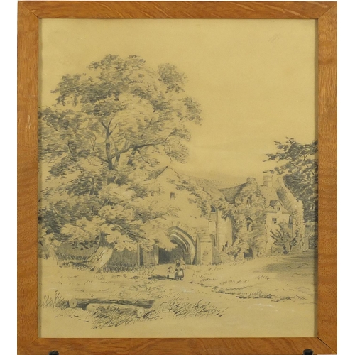 834 - Figures outside of a country house, 19th century pencil and chalk, bearing a monogram EL, framed, 37... 