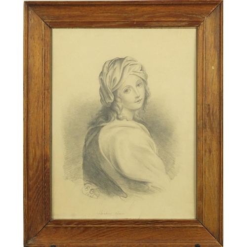 777 - Top half portrait of a young female, Beatrix Cence, 19th century pencil, bearing a monogram EC, fram... 