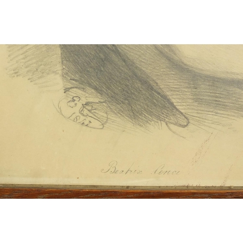 777 - Top half portrait of a young female, Beatrix Cence, 19th century pencil, bearing a monogram EC, fram... 