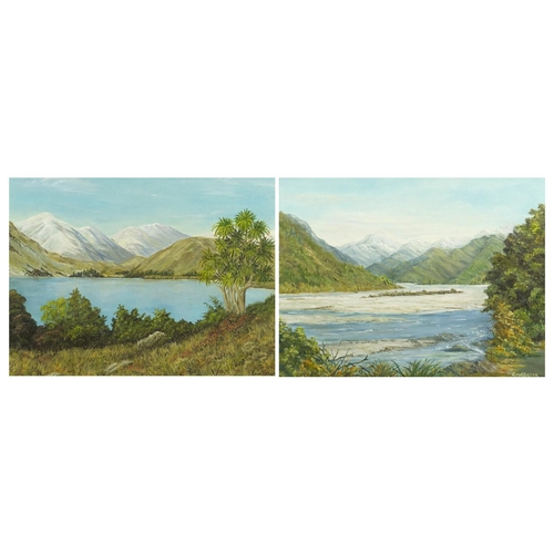 856 - Enid Brook - Two New Zealand mountainous landscapes, two oil on boards, labels verso, mounted and fr... 