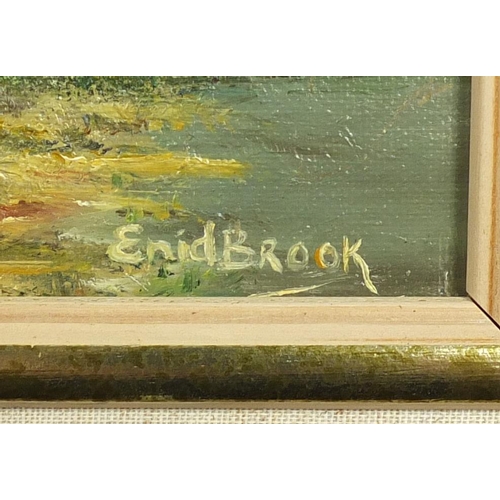 856 - Enid Brook - Two New Zealand mountainous landscapes, two oil on boards, labels verso, mounted and fr... 