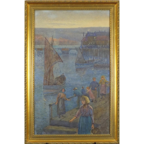 776 - J E Drummond - Harbour scene with figures, late 19th century watercolour, framed, 63cm x 38cm