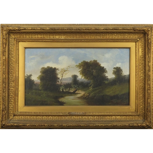 794 - Rodrigo - Pastoral scenes with a fisherman, pair of 19th century oil on canvases, mounted and framed... 