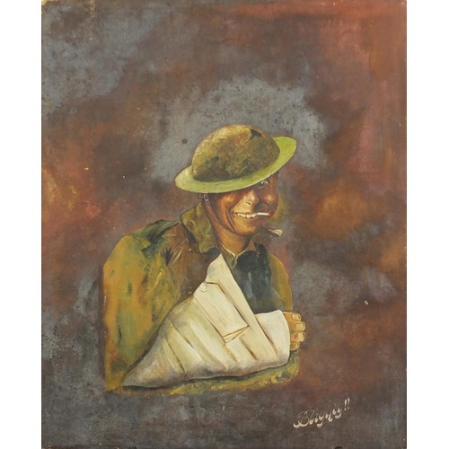 883 - Portrait of a soldier smoking, Military interest oil on canvas laid on board, inscribe Blighty!! unf... 