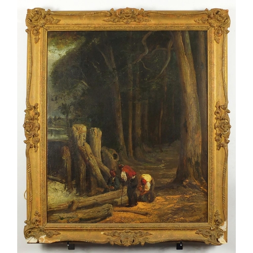 836 - Three woodchoppers outside of a forest, 19th century oil on canvas, framed, 74.5cm x 62cm