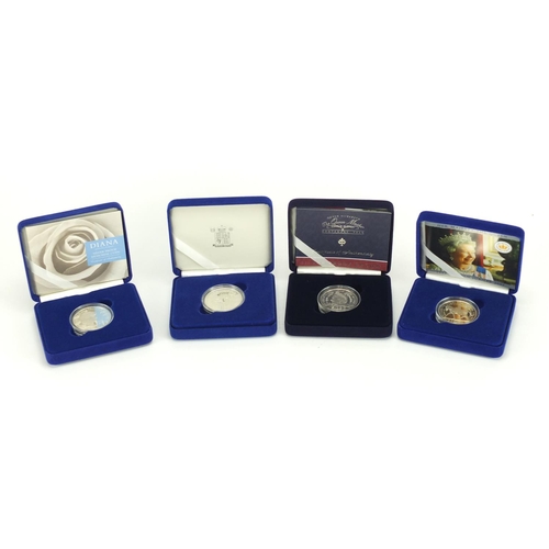 2583 - Four silver proof commemorative coins with cases and boxes including Diana Princess of Wales and The... 