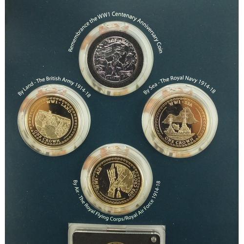 2587 - Remembrance World War I Centenary Anniversary coin collection including a 9ct gold double crown