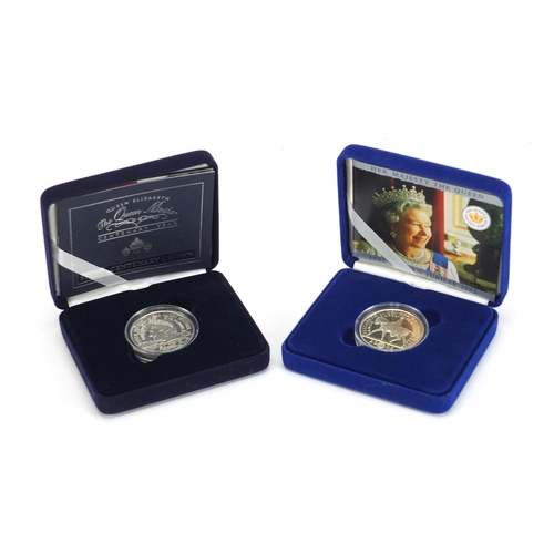 2582 - Two silver proof commemorative crowns, with boxes, The Queen Mother Centenary year and Golden Jubile... 