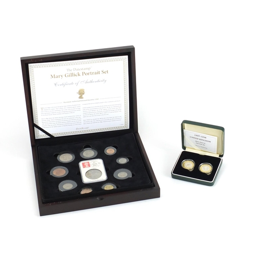 2567 - 1997-1998 silver proof two pound two coin set and a Mary Gillick date stamp portrait set, both with ... 