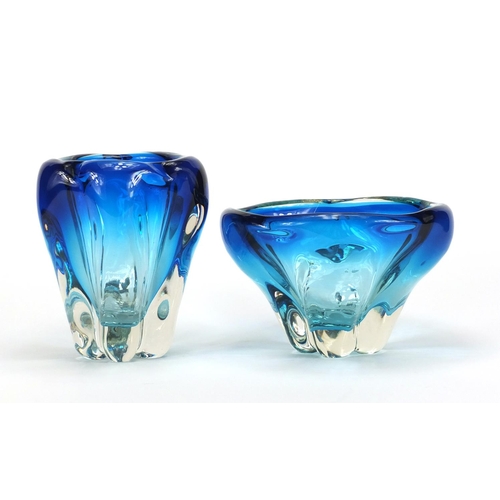 2338 - Two Whitefriars stylish blue and clear art glass vases, the largest 18cm high