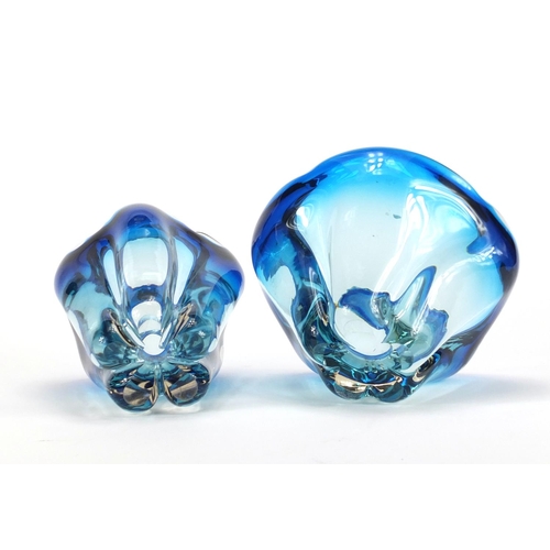 2338 - Two Whitefriars stylish blue and clear art glass vases, the largest 18cm high