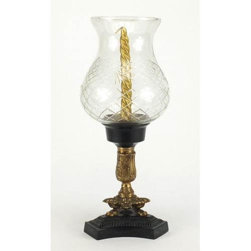 2327 - Ornate ormolu style candle holder with cut glass shade, 41.5cm high