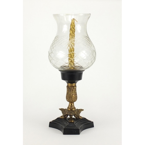 2327 - Ornate ormolu style candle holder with cut glass shade, 41.5cm high