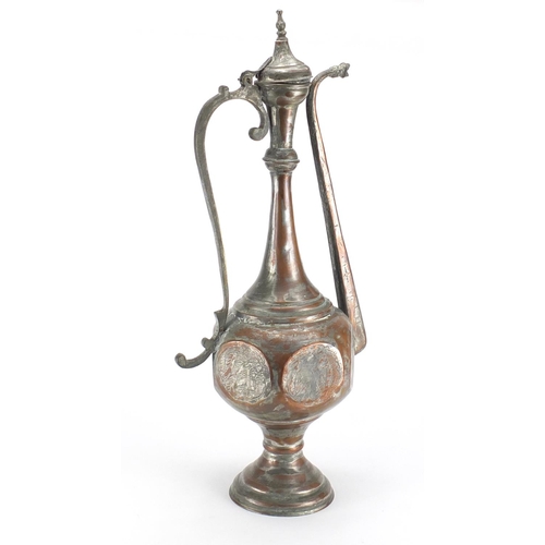 805 - Middle Eastern coppered water jug with hinged lid, 57cm high