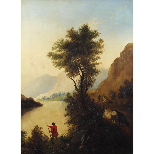 2152 - Figure with cattle with a game shooter above water, 19th century oil on canvas, 59.5cm x 44cm