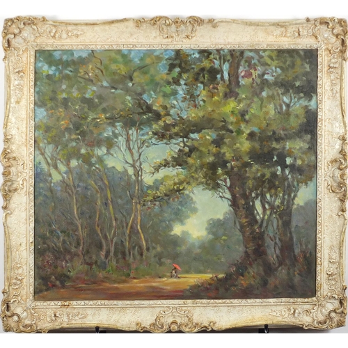 2443A - Figures resting in woodland, impressionist oil on board, framed, 67.5cm x 59.5cm