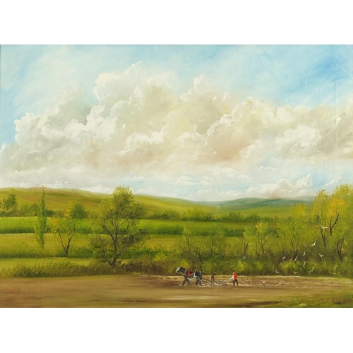2267 - Raymond Price - Ploughing scene, oil on canvas, framed, 60cm x 44.5cm