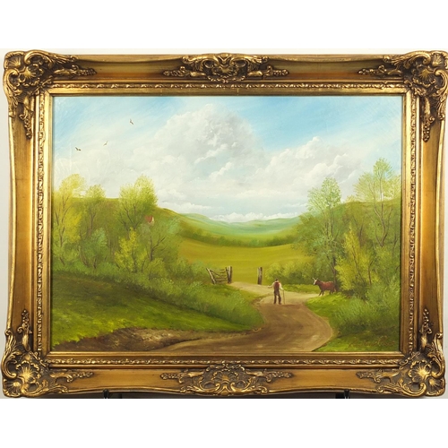 2271 - Raymond Price - Figure outside a gate before a landscape, oil on canvas, framed, 60cm x 45cm