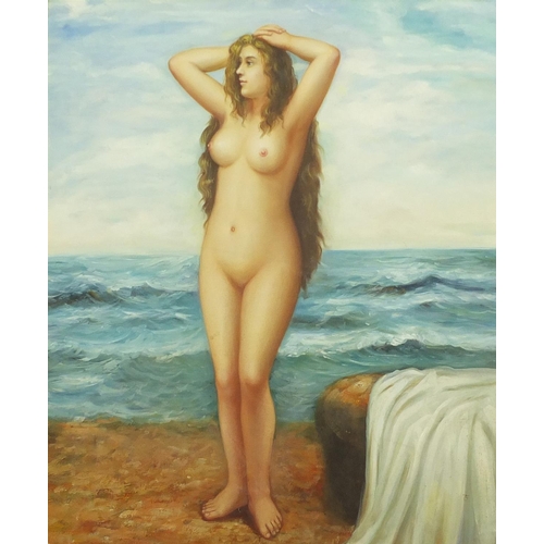 2149 - Standing nude female, oil on canvas, mounted and framed, 61cm x 50.5cm