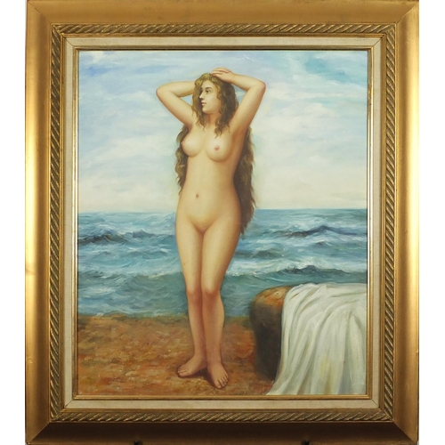 2149 - Standing nude female, oil on canvas, mounted and framed, 61cm x 50.5cm