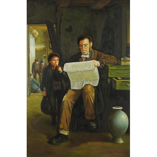 2060 - Gentleman reading in an interior, with a young boy, oil on canvas, bearing a signature John Pieron, ... 
