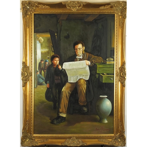 2060 - Gentleman reading in an interior, with a young boy, oil on canvas, bearing a signature John Pieron, ... 