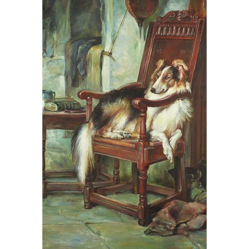 2150 - Dog seated in a chair, oil on canvas, framed, 90cm x 60cm