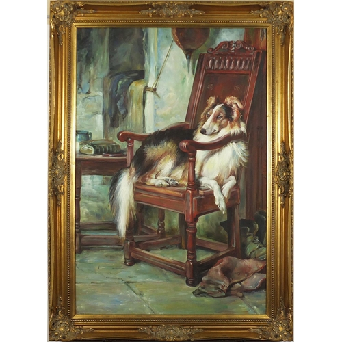 2150 - Dog seated in a chair, oil on canvas, framed, 90cm x 60cm