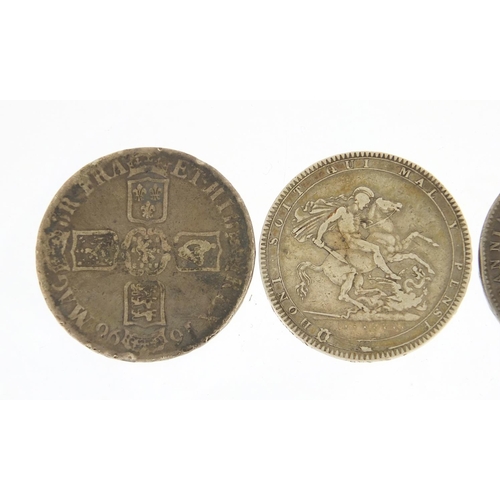 123A - Three British silver crowns comprising William III 1696, George III 1819 and Victoria Young Head 184... 
