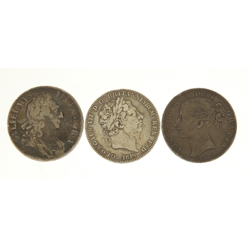 123A - Three British silver crowns comprising William III 1696, George III 1819 and Victoria Young Head 184... 