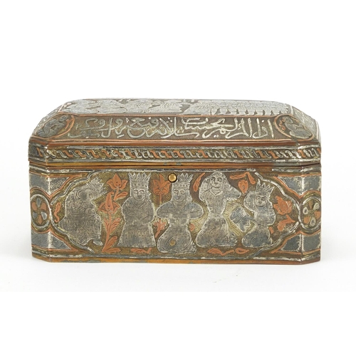 354A - Egyptian brass Cairo Ware casket with canted corners and copper and silver inlay, depicting figures ... 