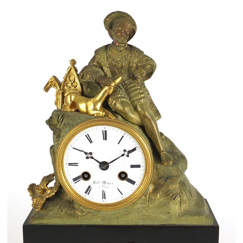 709 - 19th century French ormolu mantel clock, mounted with a man his dog, the enamelled dial with Roan nu... 