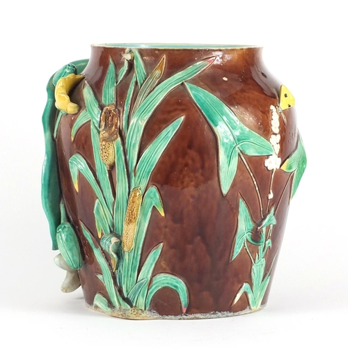 417 - 19th century Majolica  vase decorated in relief with bulrush and a lily pad, 27.5cm high