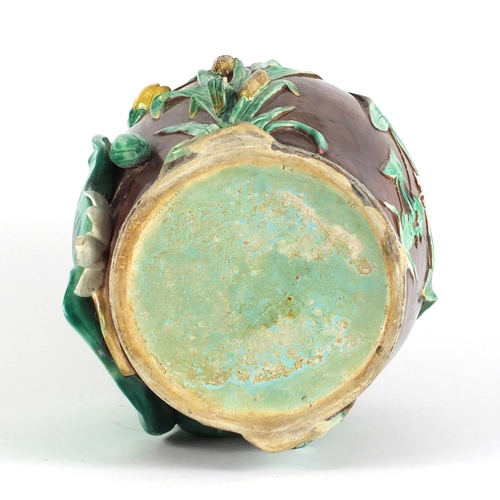 417 - 19th century Majolica  vase decorated in relief with bulrush and a lily pad, 27.5cm high