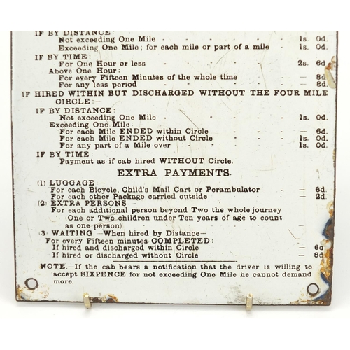 70 - Antique horse drawn cab enamel plaque explaining fares, 23cm x 16.5cm