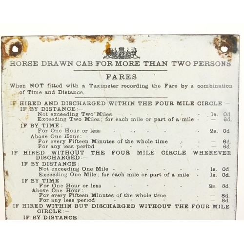71 - Antique horse drawn cab enamel plaque explaining fares, 23cm x 16.5cm