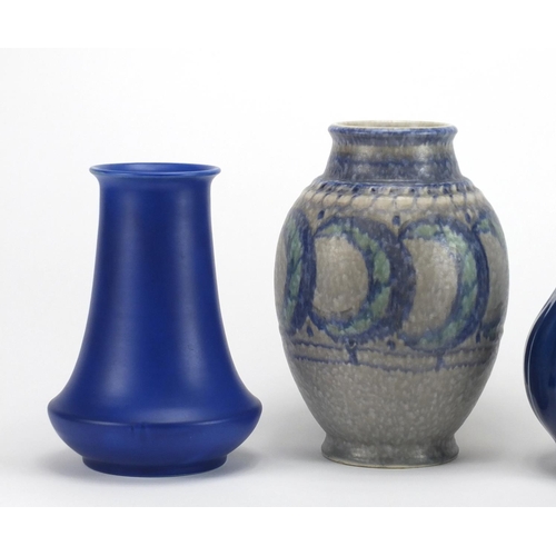 453 - Three Pilkington Royal Lancastrian vases including a Lapis Ware example by Gladys Rogers, the larges... 