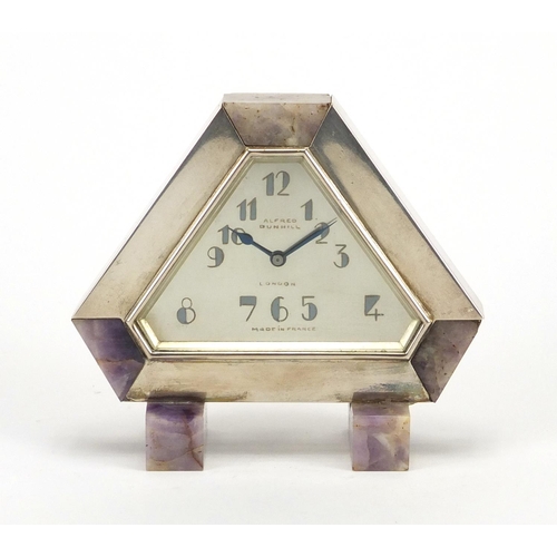 717 - Art Deco blue john and unmarked silver mounted desk clock by Alfred Dunhill, the silvered dial with ... 