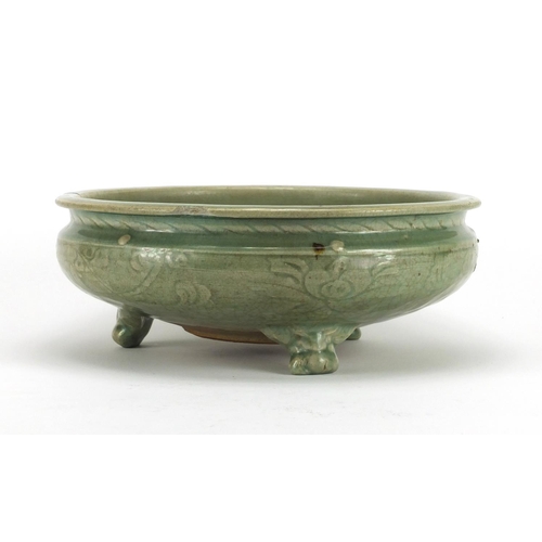 251 - Chinese celadon glazed tripod incense burner, incised under glaze with foliage, 28.5cm in diameter